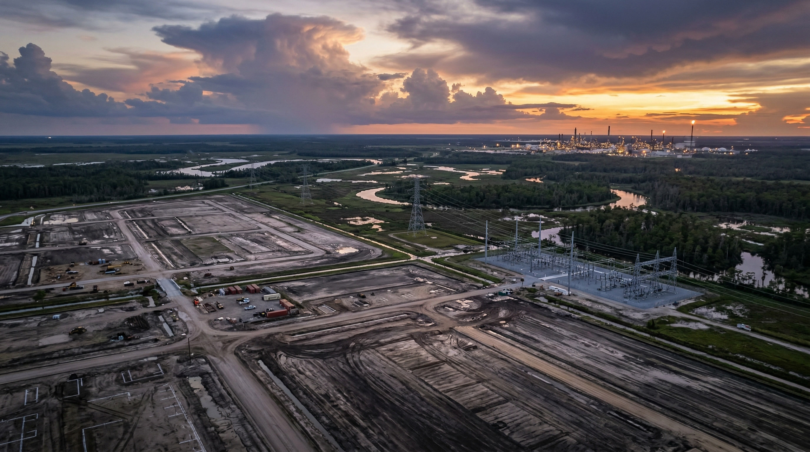 Aerial view of industrial development site at dusk